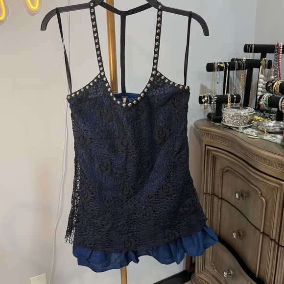 Free People Tops - Free People Chic Navy Lace Dress with Pearl Details